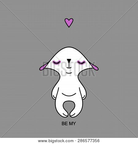 Valentine, Greeting Card, Invitation. Cute White Enamored Happy Teddy Bear Thinks, Dreams On A Gray 