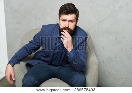 Decision Making Is Part Of Management. Man Bearded Businessman Thoughtful Face Solving Problem Makin