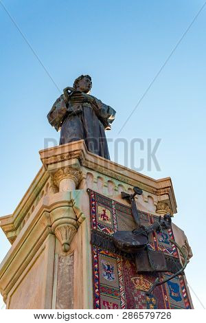 Statue Of Monk And Poet Andrija Kacic In The Center Of The Sea City Of Makarska, Croatia