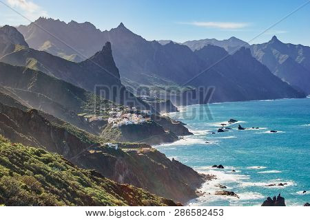 Tenerife, Canary Islands,  Spain. Western Coast View, Mountain Anaga And Costal Village .