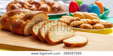 Easter Tsoureki Braid Slices, Greek Easter Sweet Bread, On Wood