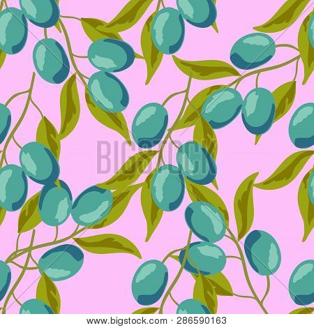 Blue Plums With Leaves Pattern.beautiful Background With Olives On A Green Background.