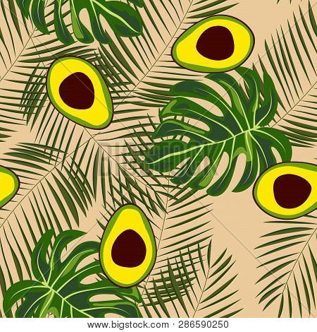 Avocado And Tropical Leaves Seamless Pattern.exotic Background With Fruits And Leaves.