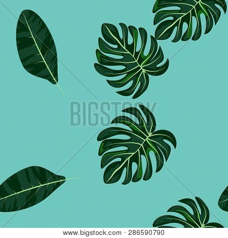 Green Tropical Leaves Seamless Pattern.monstera Leaves And Palm Trees.