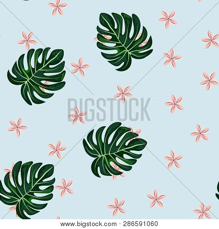 Tropical Leaves And Flowers Pattern. Hawaiian Seamless Pattern With Tropical Plants.