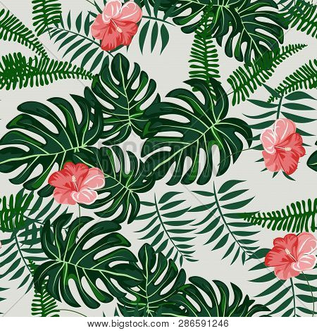 Tropical Leaves And Flowers Pattern. Hawaiian Seamless Pattern With Tropical Plants.