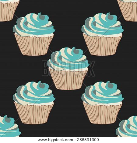 Sweet Cupcake Vector Seamless Pattern.sweets On A Dark Background.
