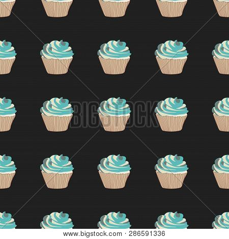 Sweet Cupcake Vector Seamless Pattern.sweets On A Dark Background.