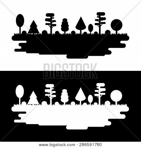 Forest, Park, Alley With Differnt Trees. Black And White Silhouette Panorama. Dark And Light. Vector