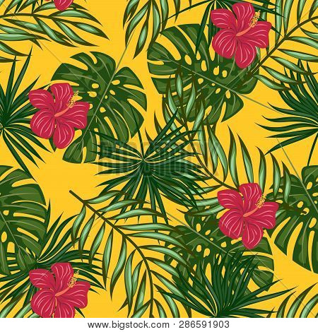 Tropical Leaves And Flowers Pattern. Hawaiian Seamless Pattern With Tropical Plants.