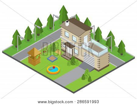 Country Building With Backyard Swimming Pool And Street Isometric Vector Illustration