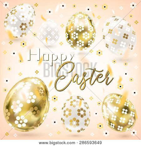Easter Porceline And Golden Eggs With Floral Decor And Confetti In The Cream Sky