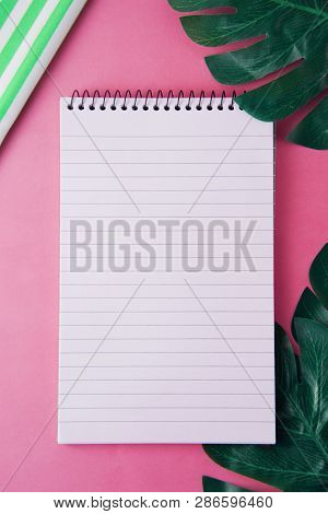 Summer, Abstract Background. Open Notepad Decorated With Monstera Leaves. Feminine Tempalte, Work Sp