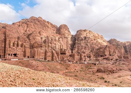 Panoramic View Of Petra (red Rose City), Jordan. Petra Is Unesco World Heritage Site And Is One Of N