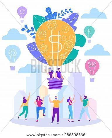 Cartoon Flat Little Men Guy With Girl In Balloon Fly Sky. Big Light Bulb Creation Business Ideas Con