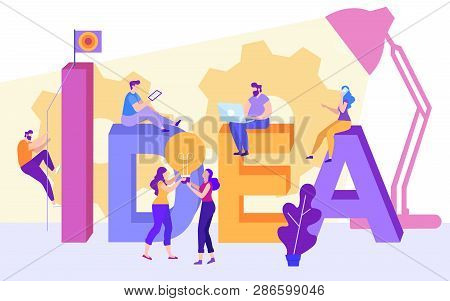 Cartoon Flat Is Big Word Idea. Little Men Are Sitting On Letters Gear Table Lamp Two Girls Are Holdi
