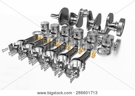 3d Rendering. Crankshaft For 6v Cylinders Engine. Truck Crankshaft On Grey Background. Engine Bearin