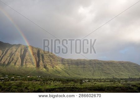 Makaha Valley With A Rainbow In A Rainy Day