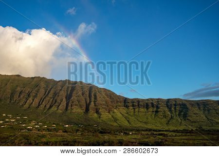Makaha Valley With A Rainbow On A Blue Sky