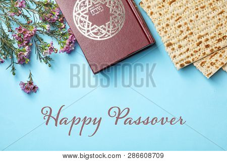 Flat Lay Composition With Matzo And Torah On Color Background. Happy Passover (pesach)