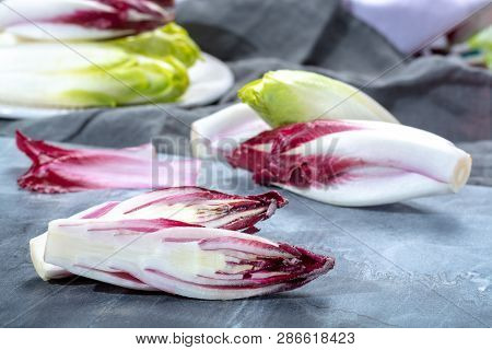 Group Of Fresh Green Belgian Endive Or Chicory And Red Radicchio Vegetables, Also Known As Witlof Sa