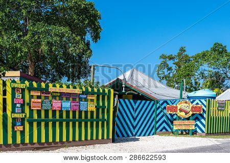 Negril, Jamaica - February 17 2019: Push Cart Restaurant, A Traditional Jamaican Style Food Dining E
