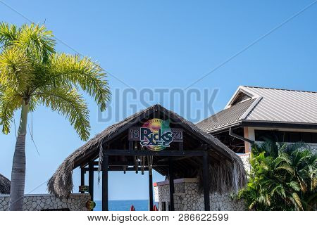 Negril, Jamaica - February 16 2019: Entrance To Ricks Cafe In Negril. Famous Tourist Attraction. Bar