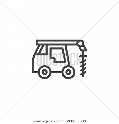 Driller Truck Line Icon. Linear Style Sign For Mobile Concept And Web Design. Truck With Drill Outli