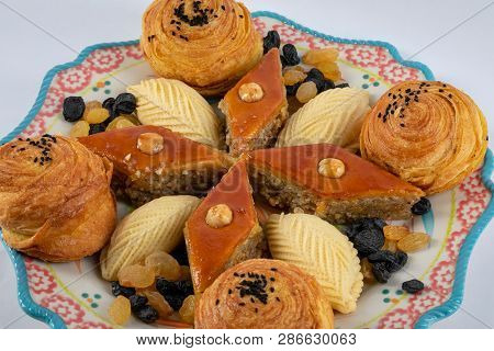 Festive Baking For The Holiday Of Navruz. Shekerbura, Baklava, Puff Pastry With Salted Filling, On A