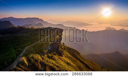 Aerial View Phu Chi Fa And Morning Fog At Sunrise, Chiang Rai, Thailand.