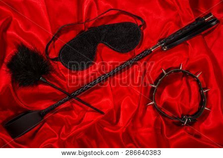 Bondage, Kinky Adult Sex Games, Kink And Bdsm Lifestyle Concept With Awhip, Feather Stick, Collar, E