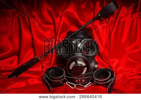 Close Up Bdsm Outfit. Bondage, Kinky Adult Sex Games, Kink And Bdsm Lifestyle Concept With Gas Mask,