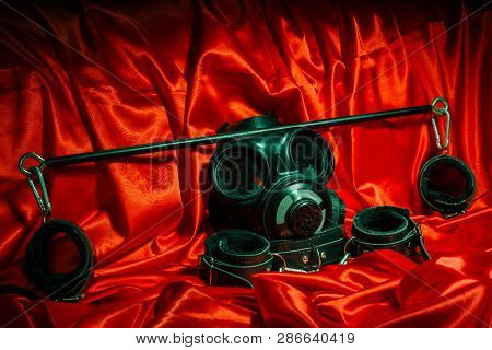 Close Up Bdsm Outfit. Bondage, Kinky Adult Sex Games, Kink And Bdsm Lifestyle Concept With A Pair Of