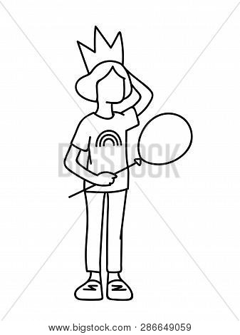 Little Girl In Crown With Balloon In Her Hand. Black Lines Isolated On White Background. Concept. Ve