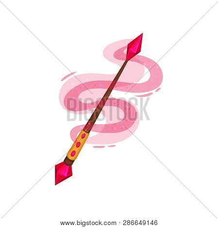 Wooden Wand Decorated With Precious Stones. Magic Stick With Pink Dust. Witchcraft Theme. Flat Vecto