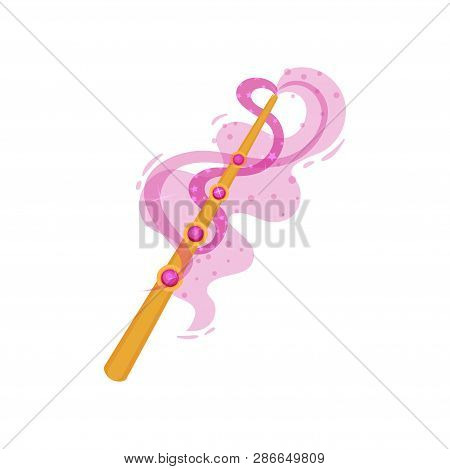 Golden Wand With Pink Precious Stones. Magic Stick With Bright Glow. Flat Vector For Postcard Or Chi