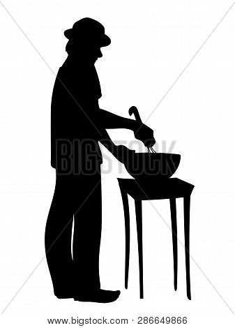 Man In Hat Prepares Food. Guy Standing, Stirring Ingredients In Bowl. Vector Illustration Of Black S