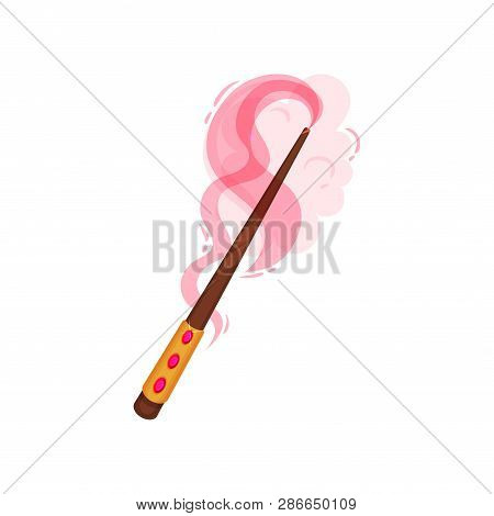 Wooden Magic Wand Decorated With Gold And Gemstones. Stick With Pink Magical Glow. Flat Vector Icon