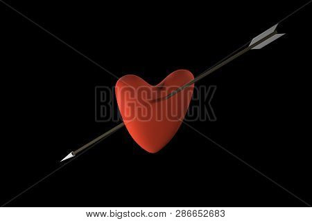 Heart With Arrow 3d Rendering. Heart Pierced By An Arrow. Arrow In The Heart. Red Heart With A Brown