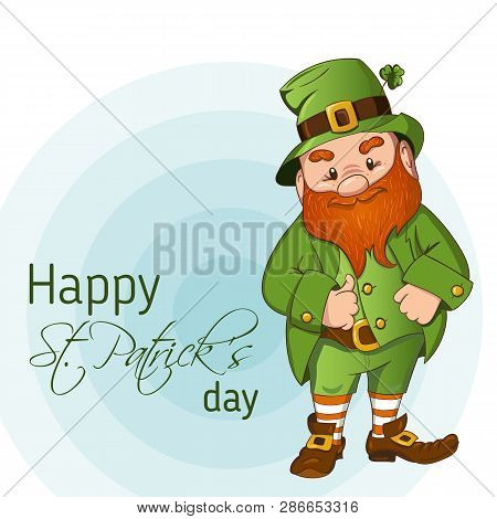 Happy Saint Patricks Day Illustration. Hand Drawn Leprechaun Cgaracter With Green Clover Leaf. Vecto