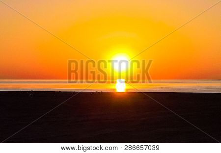 Sunrise Panorama View To Aral Sea From The Rim Of Plateau Ustyurt Near Aktumsuk Cape , Karakalpaksta
