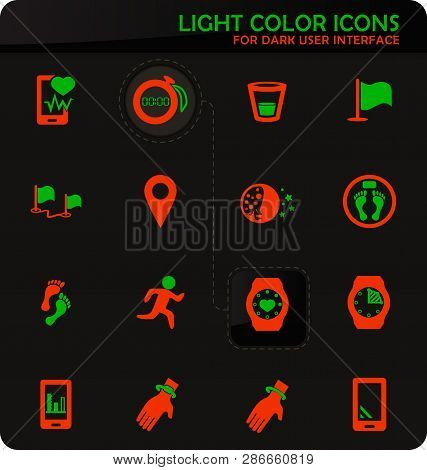Joggin And Workout Easy Color Vector Icons On Dark Background For User Interface Design