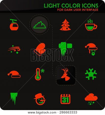 Winter Easy Color Vector Icons On Dark Background For User Interface Design