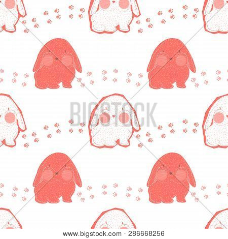 Cute Rabbits And Pawprints Seamless Pattern Isolated On White Background. Zine Stylezed Collage In C