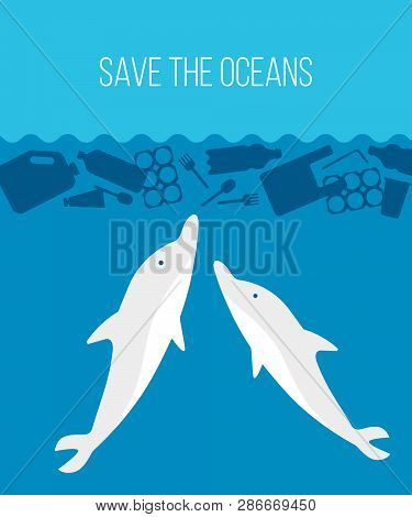 Banner Stop Ocean Plastic Pollution. Ecological Poster With Dolphin Under Block Of Plastic Garbage. 