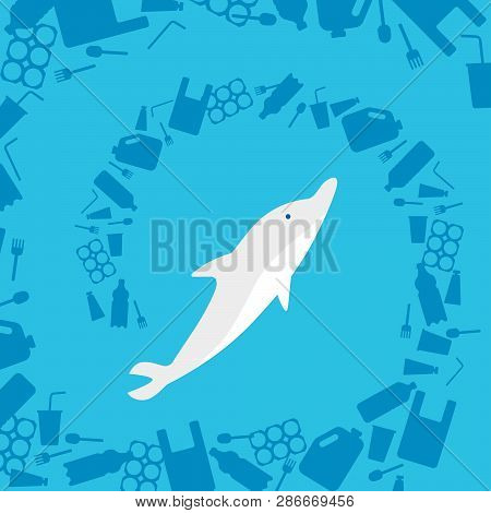 Banner Stop Ocean Plastic Pollution. Ecological Poster With Dolphin Under Block Of Plastic Garbage. 