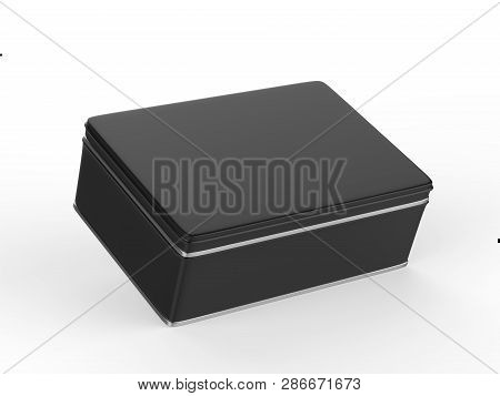 Black Stainless Steel Tin Box, Shiny Metal Box Container On Isolated White Background, 3d Illustrati