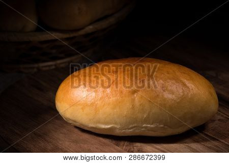 Fresh Homemade Burger Bread Buns On Dark Wood Background