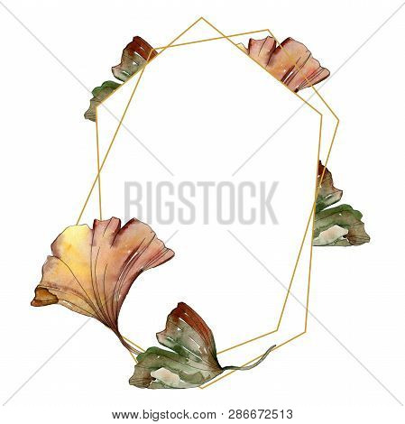 Green Red Ginkgo Biloba Leaves.watercolor Background Illustration Set. Frame Border Ornament Square.
