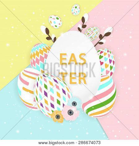 Easter Card With Square Frame, Spring Flowers And Multicorored Eggs On Colorful Paper Geometric Back